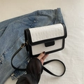 Minimalist black and white color-block crossbody square bag with crocodile pattern texture - Black