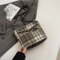 Karierter Bucket Bag in Grün und Braun aus Tweed mit verstellbarem Lederriemen - Kaffee Tweed-Stil