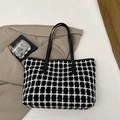 Large black and white checkered tote bag with leather handles for stylish autumn fashion - Black
