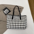 Large black and white checkered tweed tote bag with leather handles in variant view - White