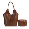 Ensemble sac cabas en cuir marron avec coutures géométriques et pochette assortie - Marron