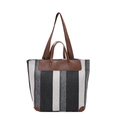 Bolso tote grande de lona a rayas con asas de cuero marrón para el uso diario mujer - Negro
