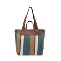 Bolso tote a rayas con patrones de lona naranja y verde y asas de cuero marrón - Verde