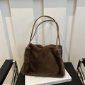 Deep brown faux fur tote bag with slim leather straps for autumn and winter fashion - Brown