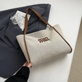 Bolso tote de lona crema minimalista con bordado marrón y correas tejidas a juego - Marrón