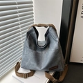 Bolso tote de lona gris oscuro con correas marrones y etiqueta de cuero para mujer - Azul