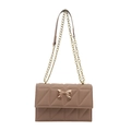 Pink quilted crossbody bag with gold bow detail and elegant metal chain strap - Khaki