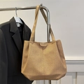 Large capacity light brown woven tote bag with leather shoulder straps and logo detail - Brown