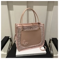 Pink faux fur and PU leather tote bag with white butterfly embroidery and strap - Pink