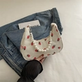 Bolso de pana blanco con estampado de fresas y asa de perlas para mujer - Blanco