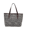 Chic leopard print tote bag with brown leather handles and gold rivet accents - White