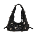Modische schwarze Hobo-Tasche mit großen silbernen Nieten und Tragegriff, Winter 2025 - Schwarz