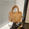 Beige corduroy tote bag with textured surface and soft padded handle for women - Khaki