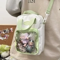 White and light green mini ita bag for anime badges with clear window and crossbody strap - Green