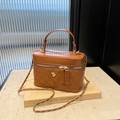 Brown quilted leather shoulder bag with gold chain strap and camellia ornament detail - Brown