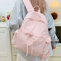 Light pink minimalist nylon backpack with bow drawstring pocket and large capacity - Pink
