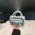Mini crossbody square bag in white leather and brown monogram canvas finish - White