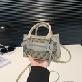 Brown vintage jacquard canvas crossbody bag with beige leather trim and dual handles - Khaki