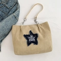 Khaki suede tote bag with blue denim star patch and white embroidery detail - Khaki