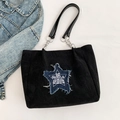 Black suede tote bag with blue denim star patch and 52 GARULA text for daily commute - Black