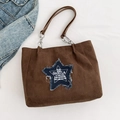 Brown faux suede tote bag featuring a denim star patch and metal chain shoulder strap - Brown