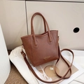 Dark brown faux leather tote bag with gold hardware and removable shoulder strap - Brown