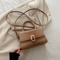 Brown crocodile pattern crossbody bag with golden metal buckle and top handle - Khaki