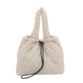 Beige heart-quilted puffer tote bag with black drawstring and fluffy padded handles - White
