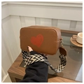 Brown leather crossbody camera bag with red heart print and geometric wide strap - Brown