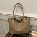 Minimalist khaki woven PU leather tote bag with long double shoulder straps for women - Khaki