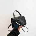 Fashionable black crossbody bag with tweed texture panel and silver metal trim detail - Black