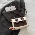 Contrast color small square bag in cream and brown leather with shoulder strap - Brown