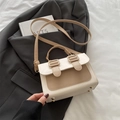 Chic two-tone khaki and beige faux leather small square crossbody handbag with top handle - Khaki