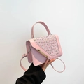 Pink faux leather handbag with colorful tweed panel and sleek gold metal buckle - Pink Style 1