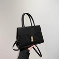 Sac à main noir chic en cuir crocodile avec fermoir doré et bandoulière réglable - Noir