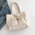Bolso tote de nailon crema de gran capacidad con bolsillos delanteros para uso diario - Blanco Roto