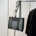 Large leopard print tote bag with black straps and grey stylish patchwork design - Black