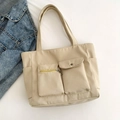 Bolso tote beige de nailon de gran capacidad con bolsillos para el trayecto diario - Caqui