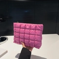 Bright pink quilted puffer cosmetic bag with large checkered pattern for women - Deep Pink