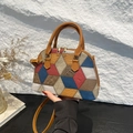Multicolor geometric patchwork boston bag with top handles and detachable strap - Brown