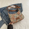 Sac bandoulière rétro en jacquard floral avec finitions en cuir marron et sangle - Marron