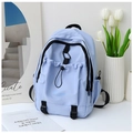 Minimalist light blue nylon backpack for girls with front drawstring pocket and black buckle - Blue