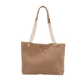 Braune Shopper-Tasche aus Wildleder mit goldenen Ketten und Hirsch-Metallanhänger - Khaki