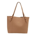 Classic tan large capacity tote bag featuring golden fashion text and shoulder straps - Khaki