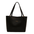 Minimalist black leather tote bag for women with golden hardware and fashion lettering - Black