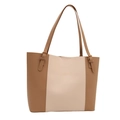 Minimalist beige and brown color-block tote bag with long straps and gold buckles - Patchwork Khaki