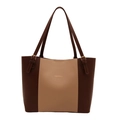 Brown and beige patchwork large tote bag with elegant golden buckles and slim straps - Patchwork Coffee