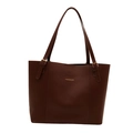 Brown high-capacity faux leather tote bag with gold buckle straps and embossed text - Brown