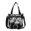Black and white graffiti oxford tote bag with buckle pocket and adjustable strap - Black