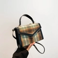 Sac à bandoulière rétro à carreaux en laine verte et marron avec poignée supérieure - Vert